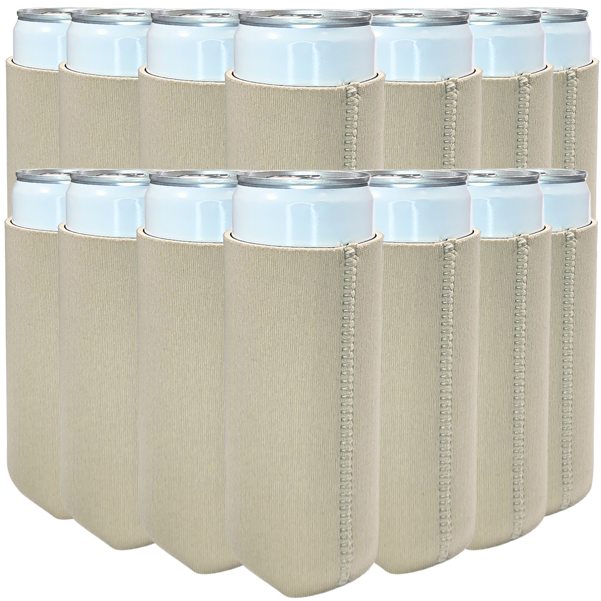 Beige slim-size neoprene can coolers with stitched sleeves for cans