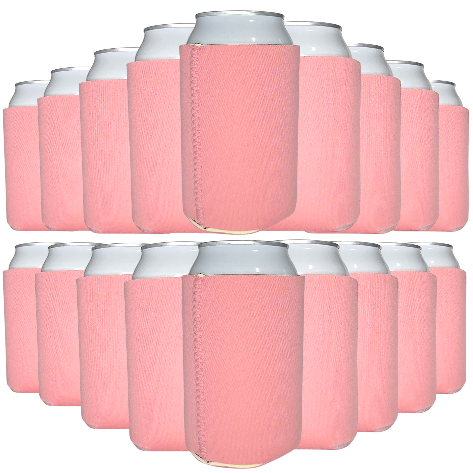 Pink neoprene can coolers with stitched side sleeve, holding silver cans (pack of 12)