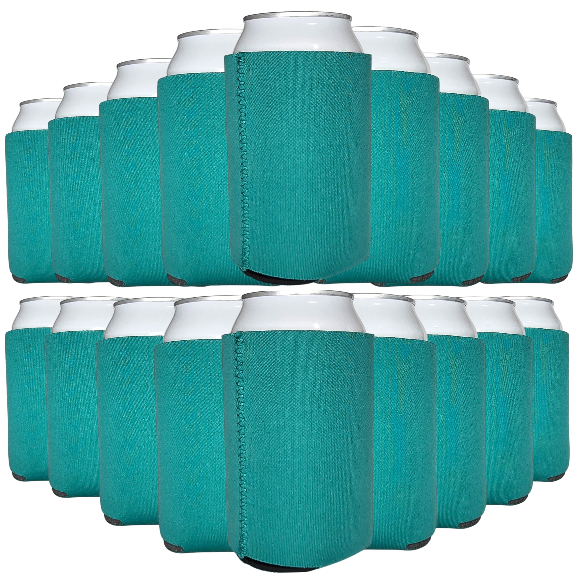 Teal/green neoprene can coolers with stitched side sleeve, holding silver cans (pack)