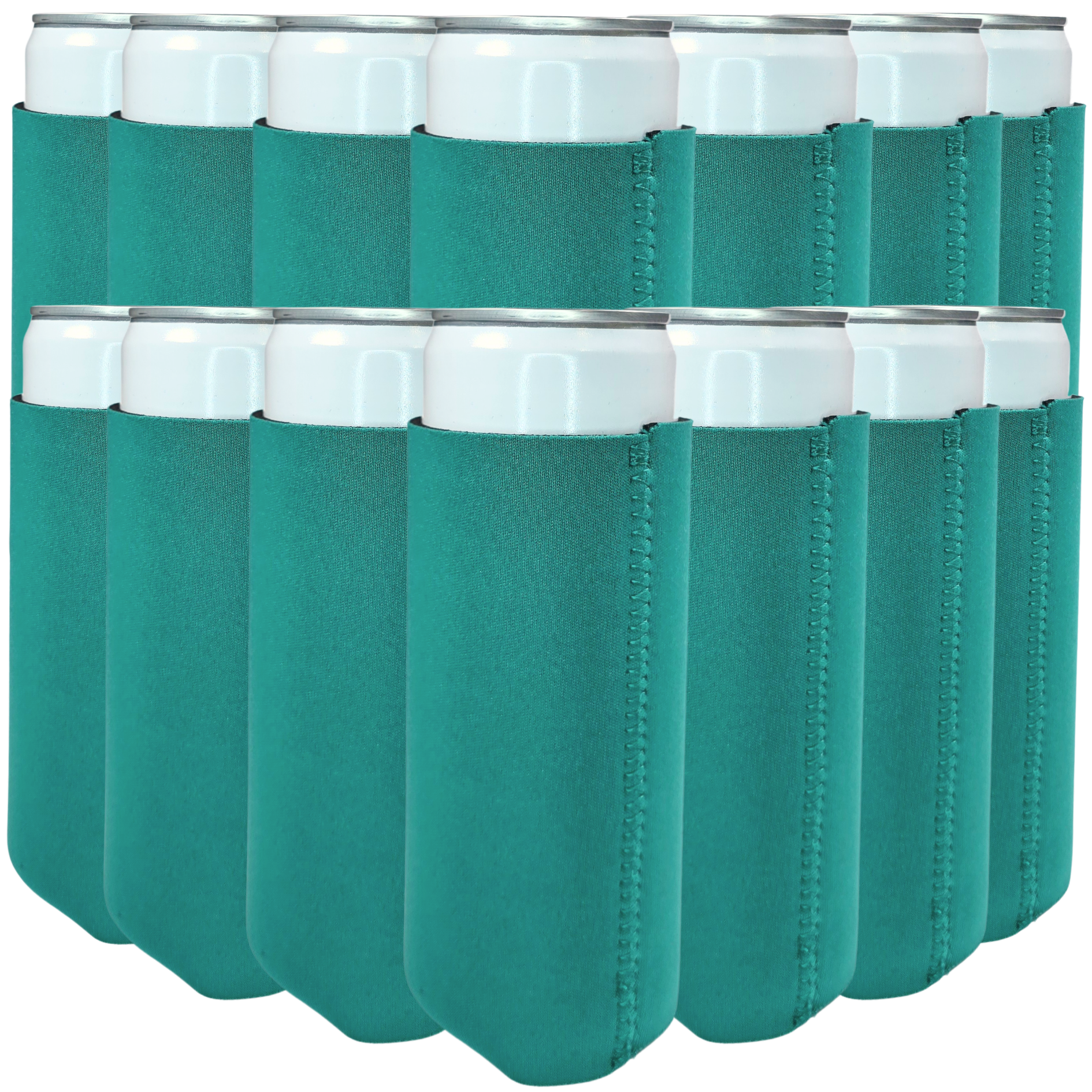 Teal slim-size neoprene can coolers with stitched sleeves for cans