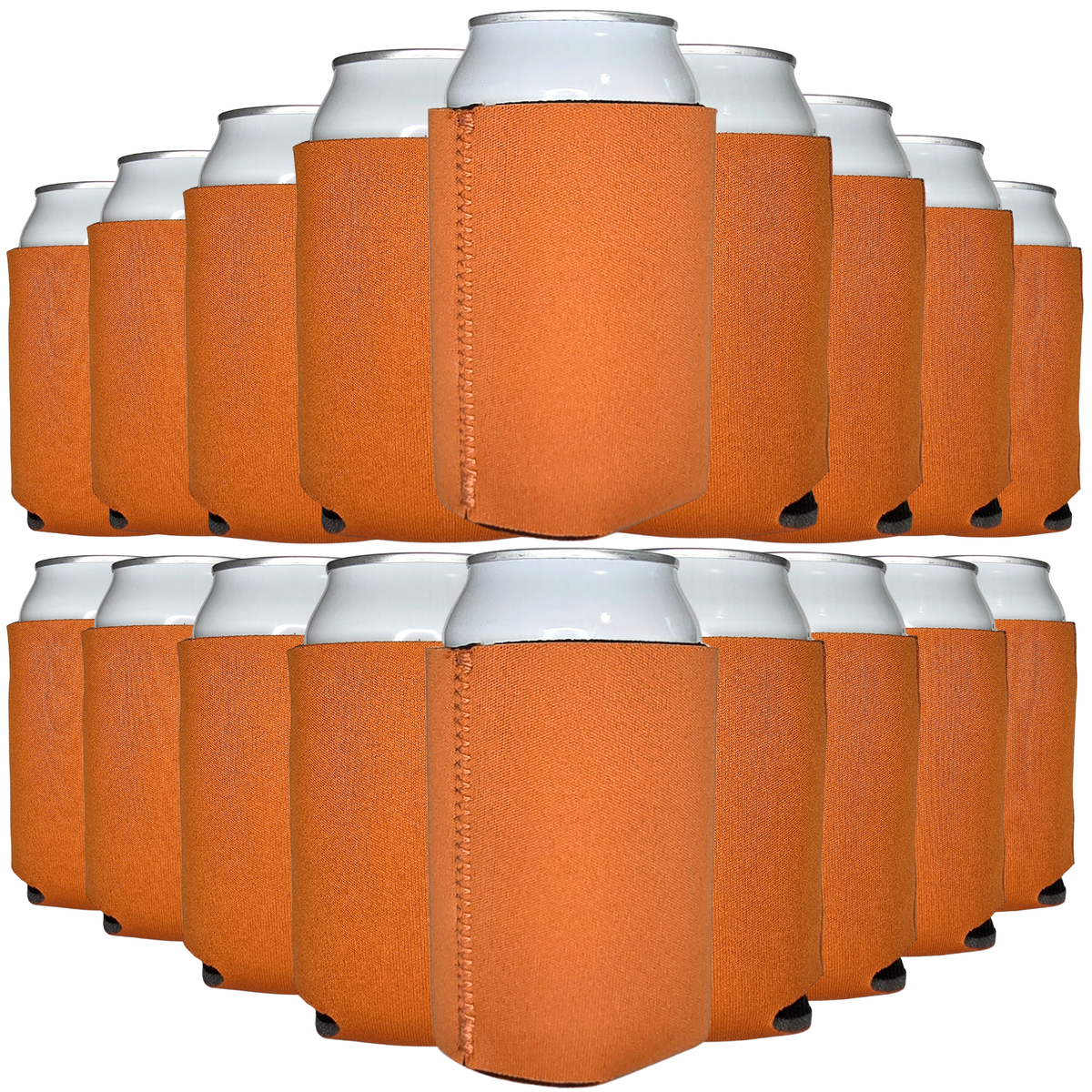 Orange neoprene can coolers with stitched side sleeve, holding silver cans (pack)