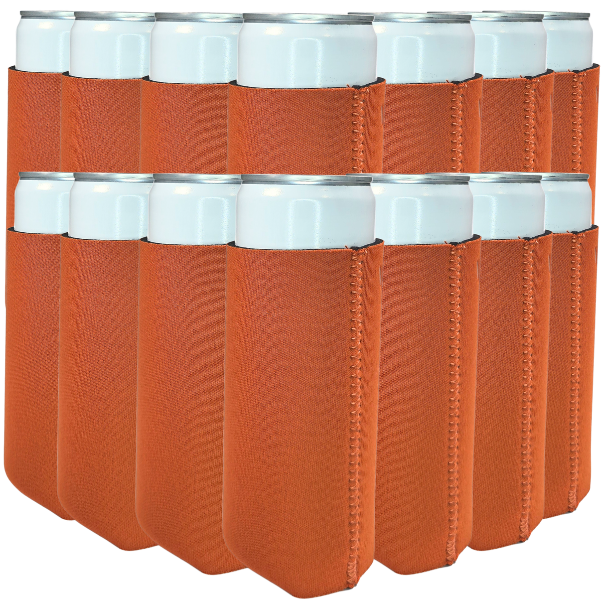 Orange slim-size neoprene can coolers with stitched sleeves for cans
