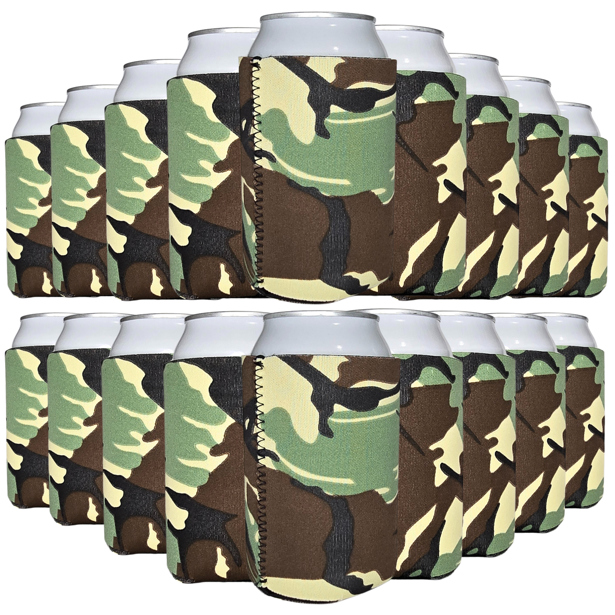 Camo pattern neoprene can coolers with stitched side sleeve, holding silver cans (pack)
