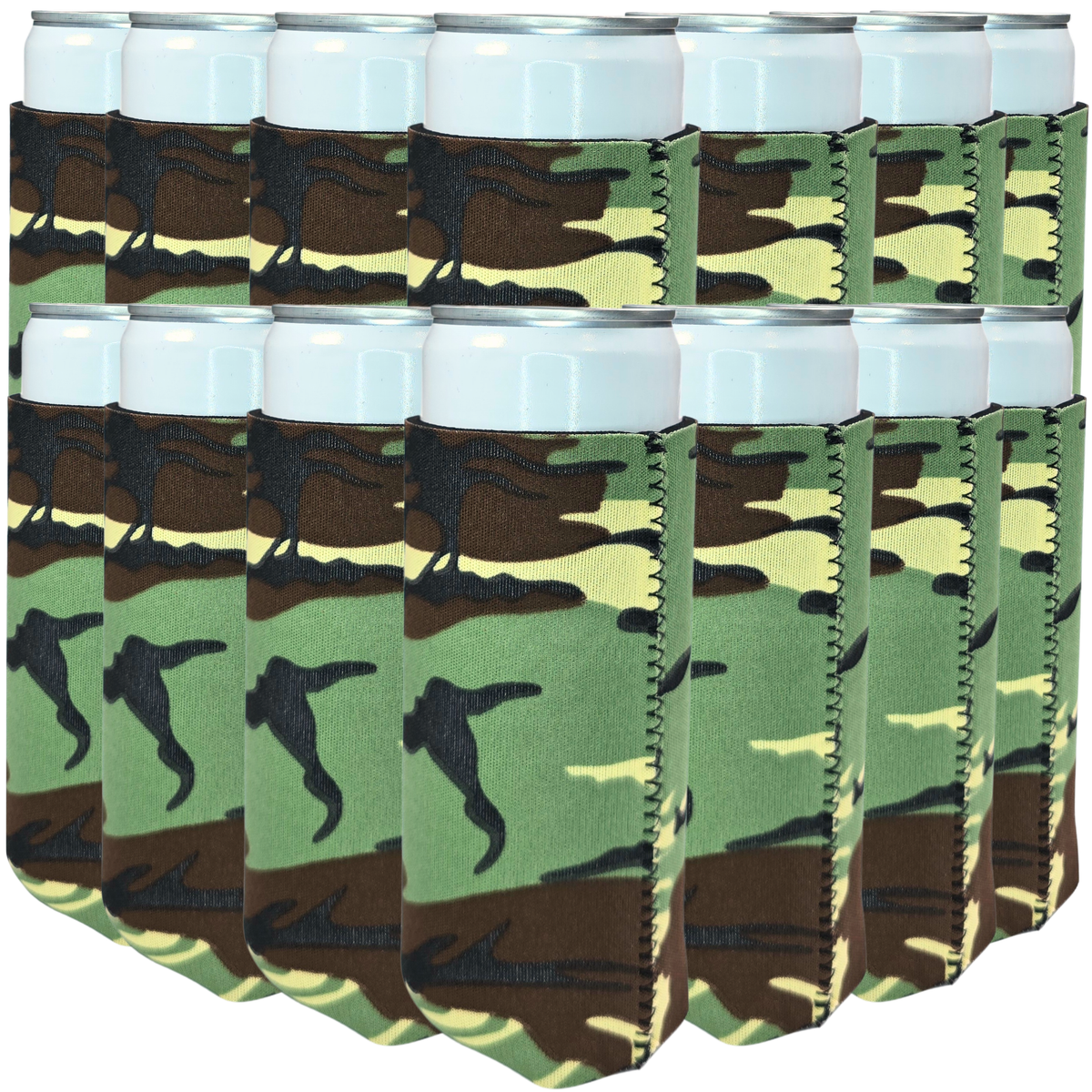 Camouflage slim-size neoprene can coolers with stitched sleeves for cans