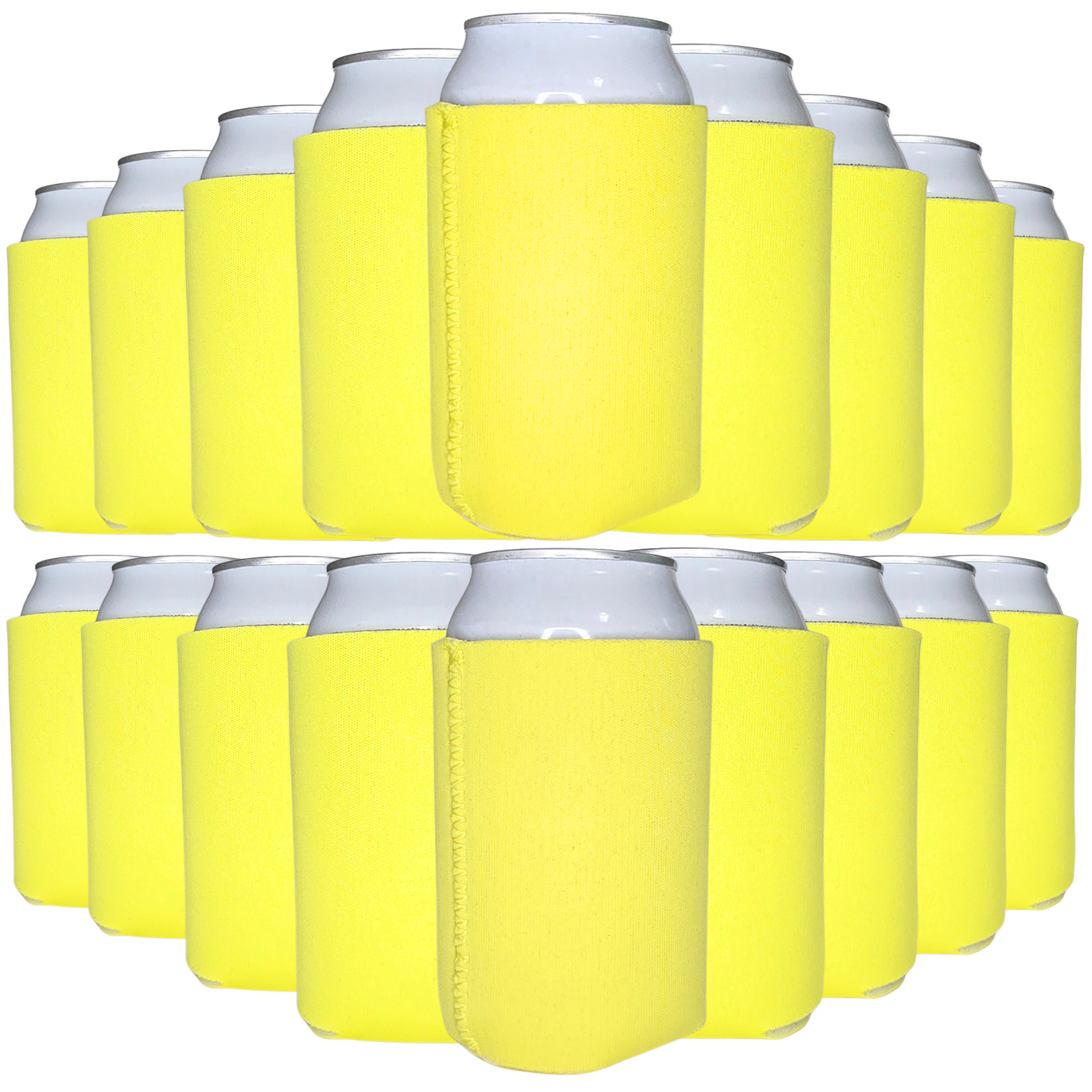 Yellow neoprene can coolers with stitched side sleeve, holding silver cans (pack)