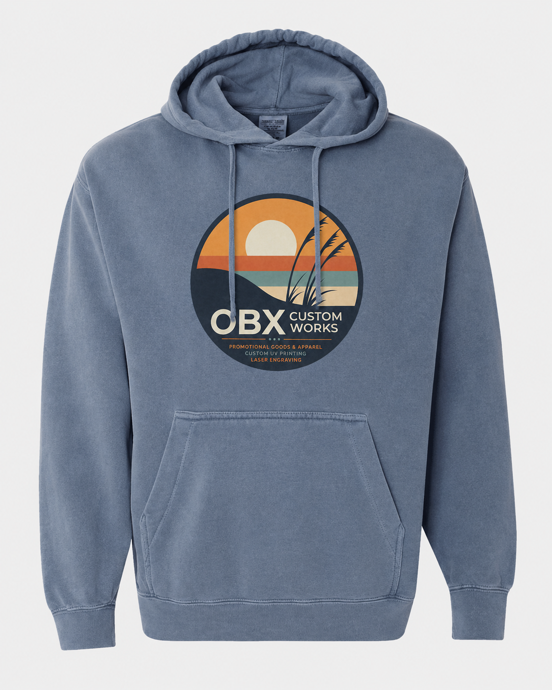 Comfort Colors blue hooded sweatshirt with front pocket and chest logo graphic