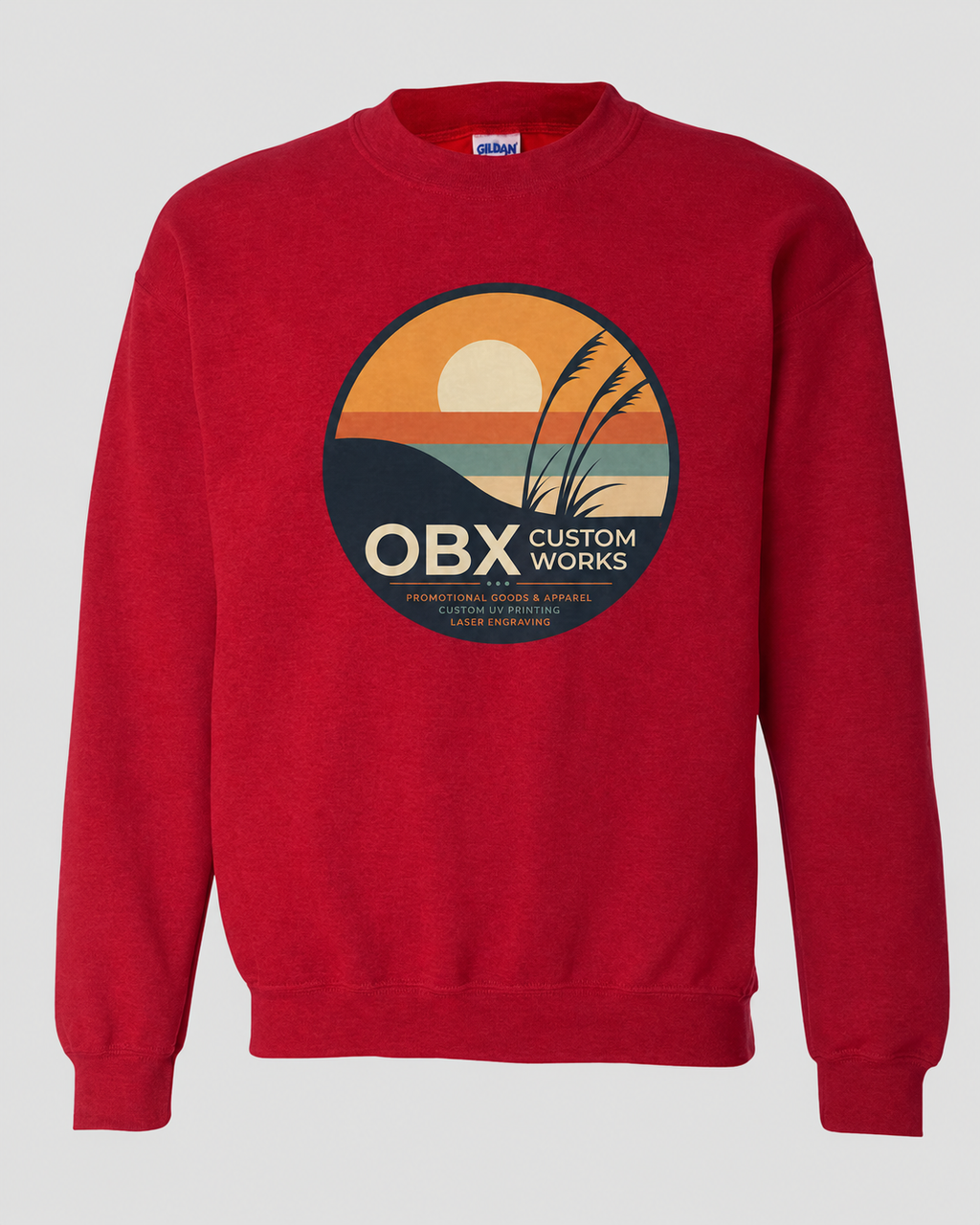 Red crewneck sweatshirt with front graphic logo print